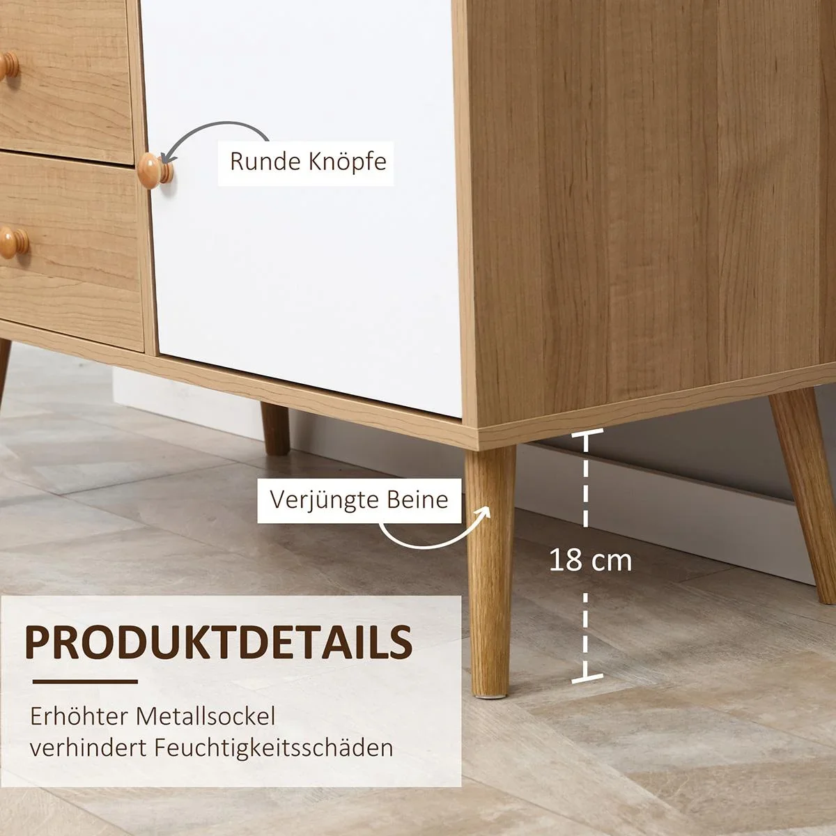 Sideboard Küchenschrank Kommode mit 1 offenen Fächern 4 Schubladen Skandi-Design Natur+Weiß 80 x 39 x 80 cm - 2