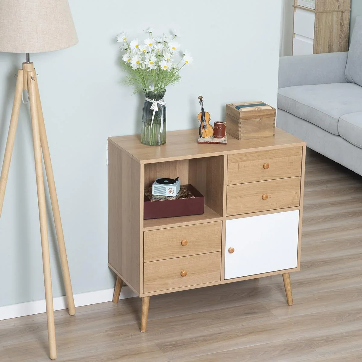 Sideboard Küchenschrank Kommode mit 1 offenen Fächern 4 Schubladen Skandi-Design Natur+Weiß 80 x 39 x 80 cm - 3