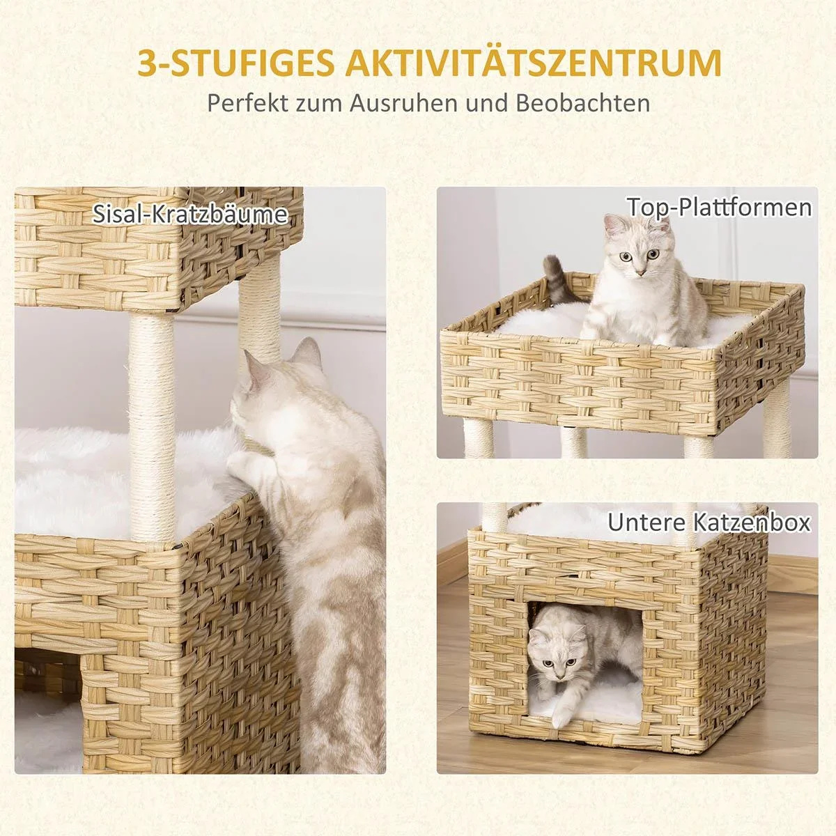 Rattan Katzenkorb 3-stöckiges Katzenbett Katzenhöhle Katzenturm mit 3 Kissen Liegedach Sisal Natur 40 x 40 x 70 cm - 1