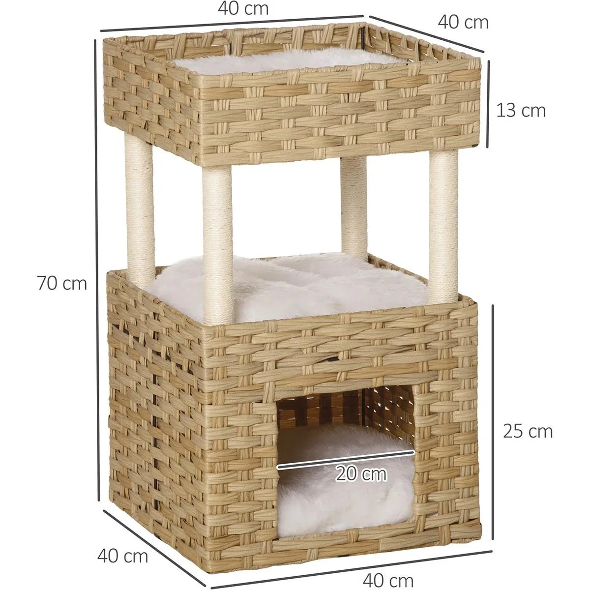 Rattan Katzenkorb 3-stöckiges Katzenbett Katzenhöhle Katzenturm mit 3 Kissen Liegedach Sisal Natur 40 x 40 x 70 cm - 2