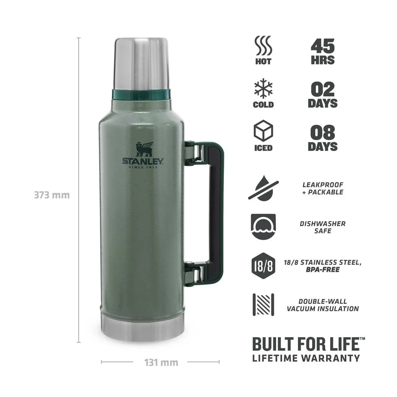 Classic Vakuum-Flasche 1,9 l, Hammertone grün, doppelwandige Vakuumisolierung, Griff, Trinkbecher - 0