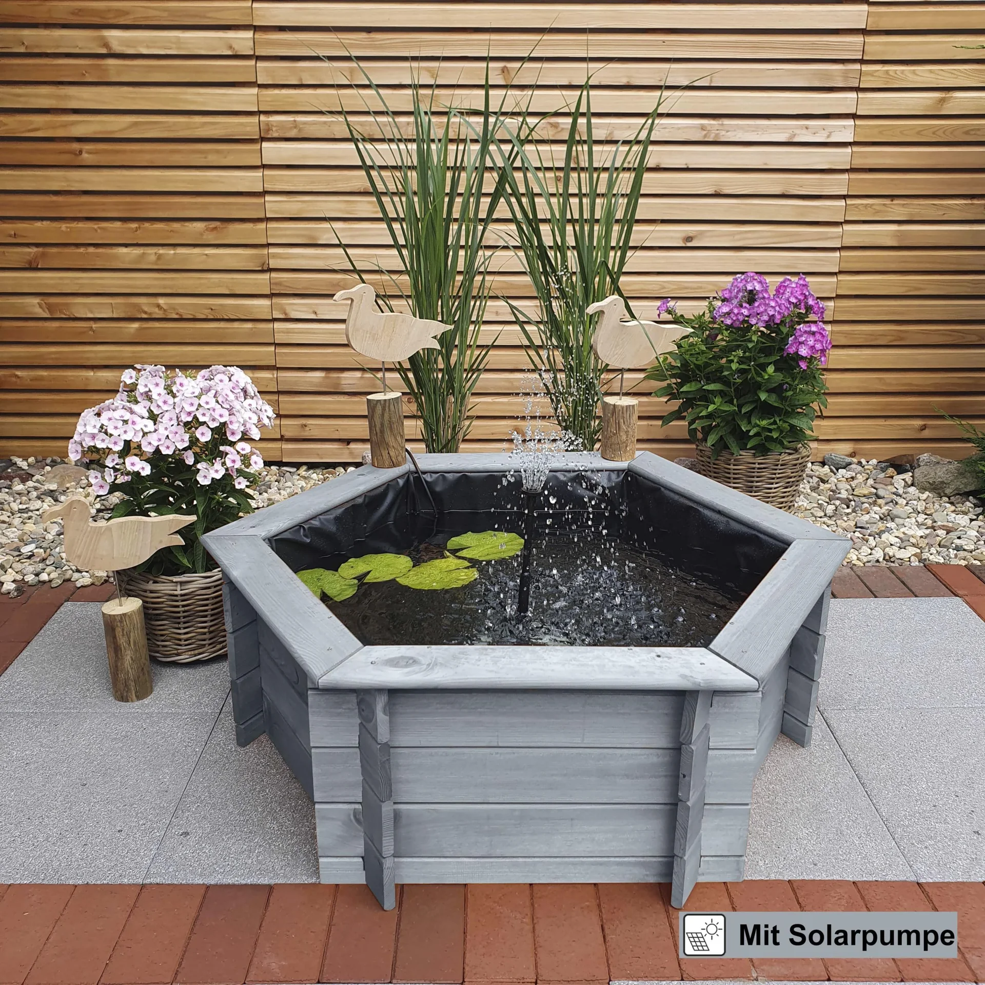 Sechseck-Hochteich 100 cm Solar, grau - 2