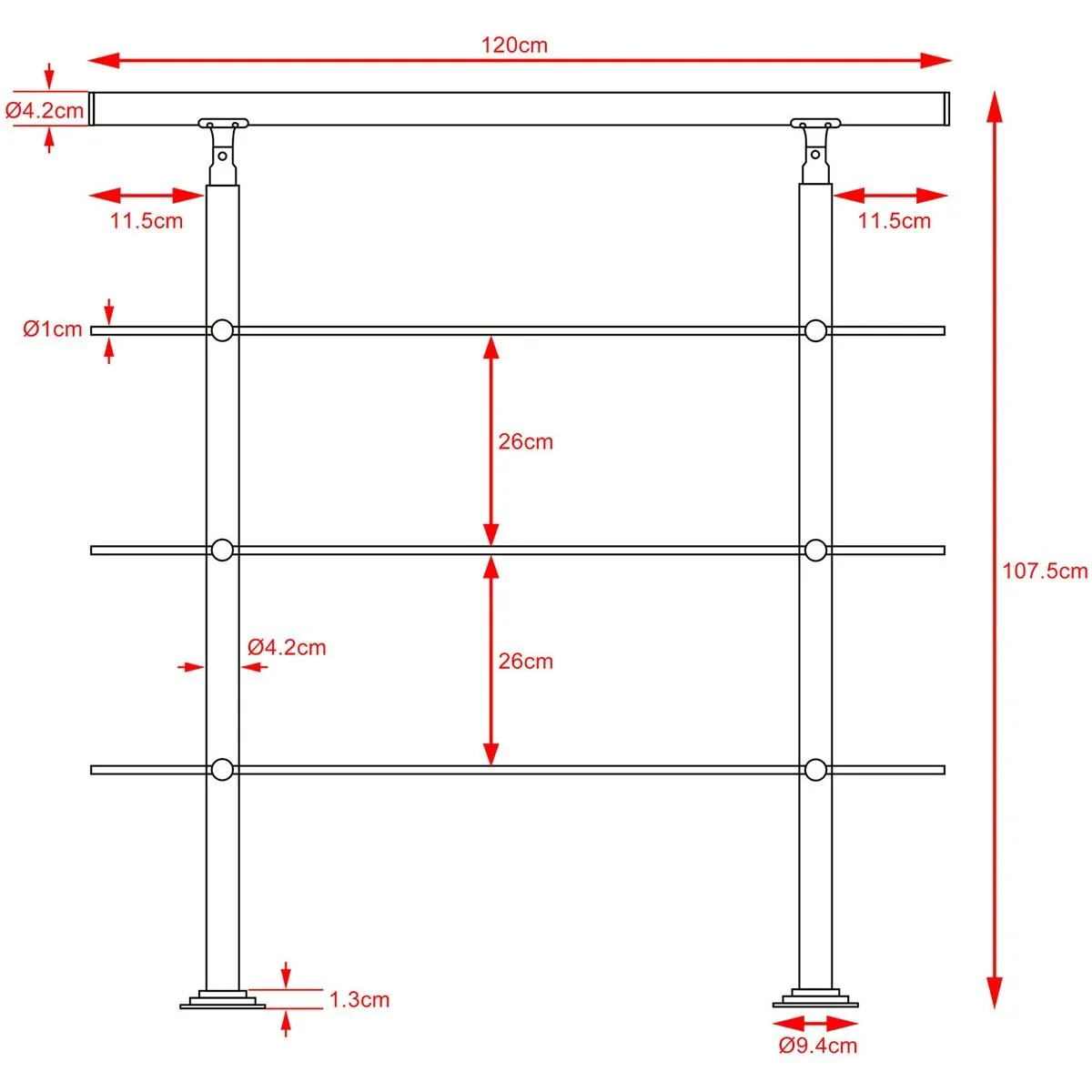 Geländer - Edelstahl - 120 cm - 3 Streben - 0