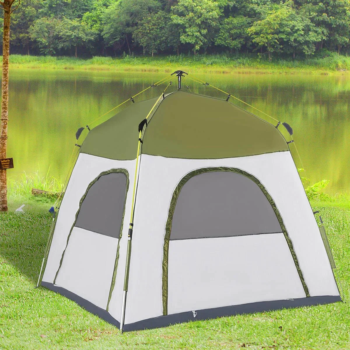 Campingzelt 4 Personen - mit Netz - 190T PU 1000mm - Grün/Grau - 240 x 240 x 195 cm - 3