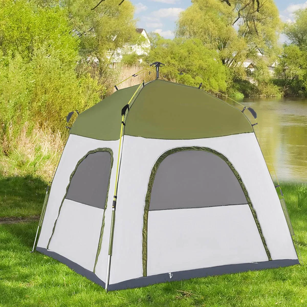 Campingzelt 4 Personen - mit Netz - 190T PU 1000mm - Grün/Grau - 240 x 240 x 195 cm - 4