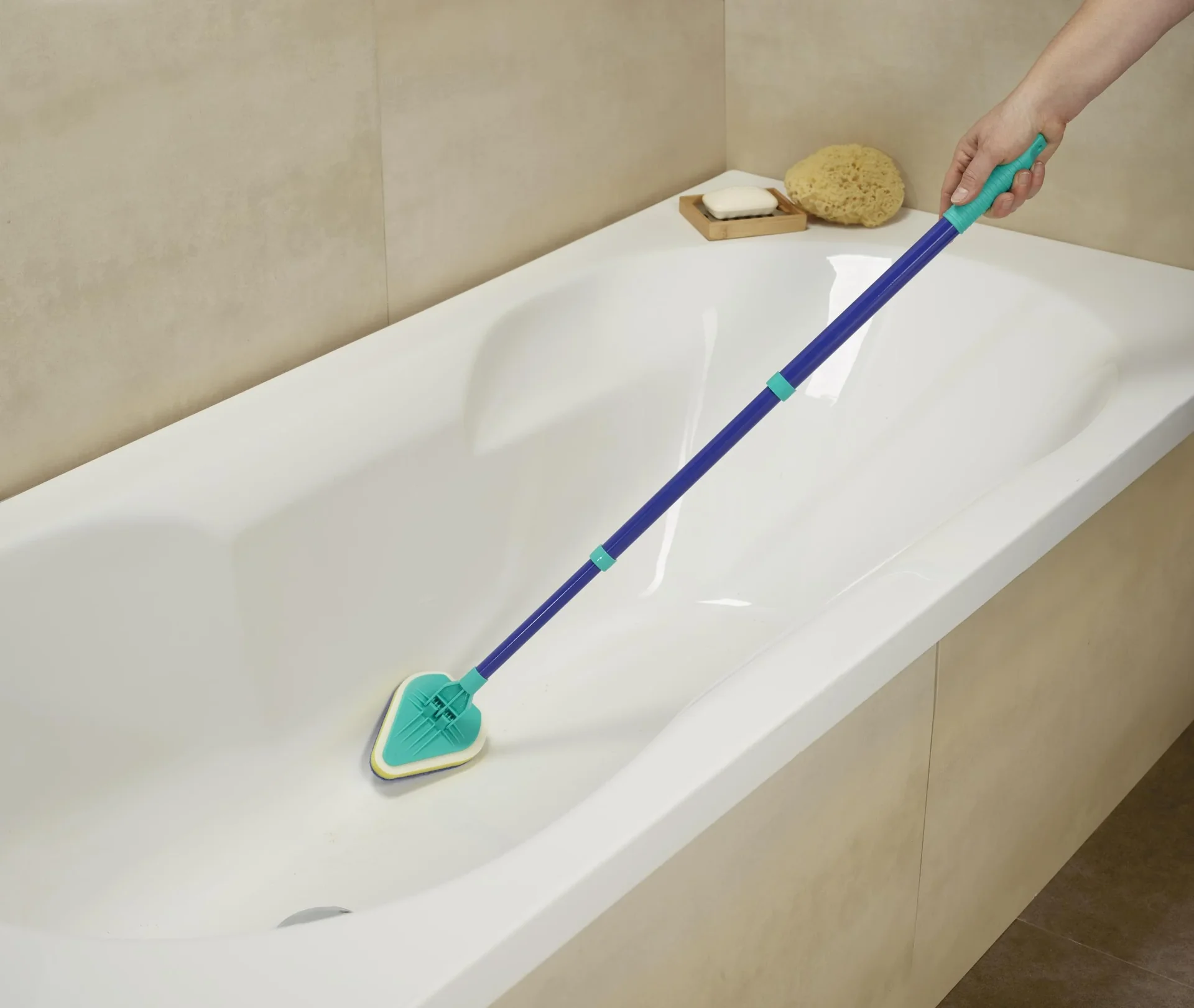 Bad-Wischer, Wischmopp mit Schwammbürste & Teleskopstiel, spezielle Wischform, ausziehbar 45-90 cm - 5