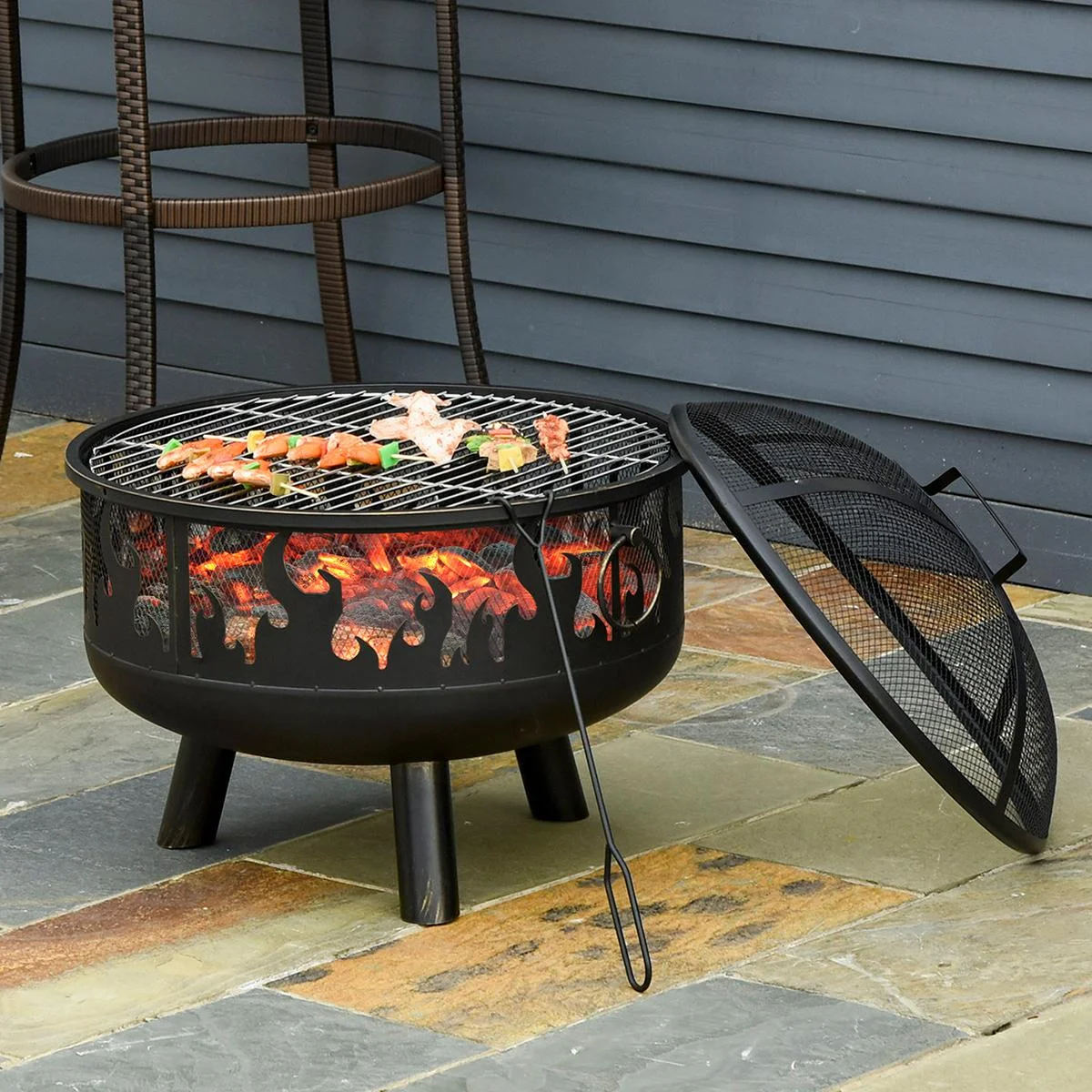 2-in-1 Feuerschale Feuerkorb Feuerstelle mit Funkenschutz Grillrost Garten BBQ Schwarz Ø61,5 x 52H cm - 0