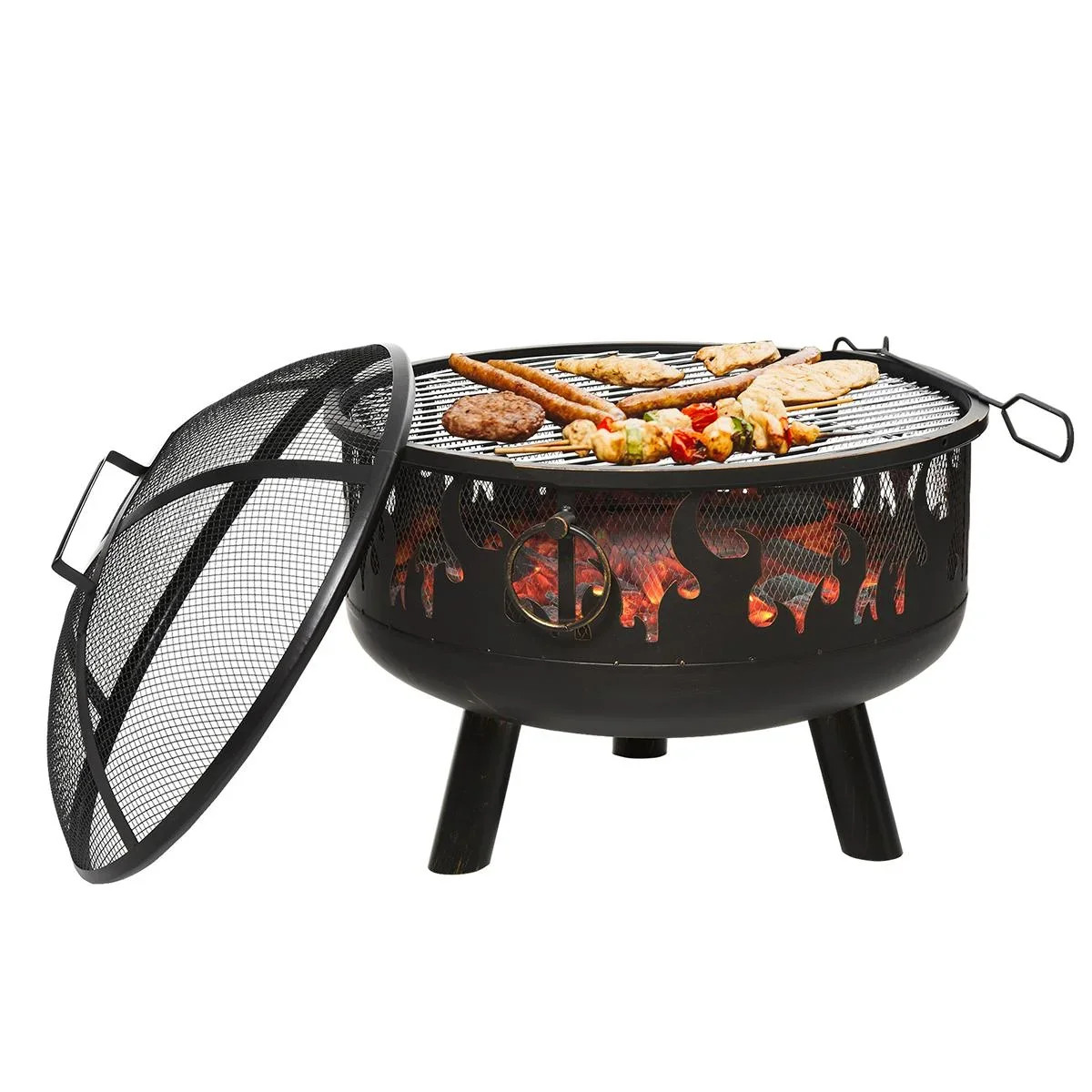 2-in-1 Feuerschale Feuerkorb Feuerstelle mit Funkenschutz Grillrost Garten BBQ Schwarz Ø61,5 x 52H cm - 1
