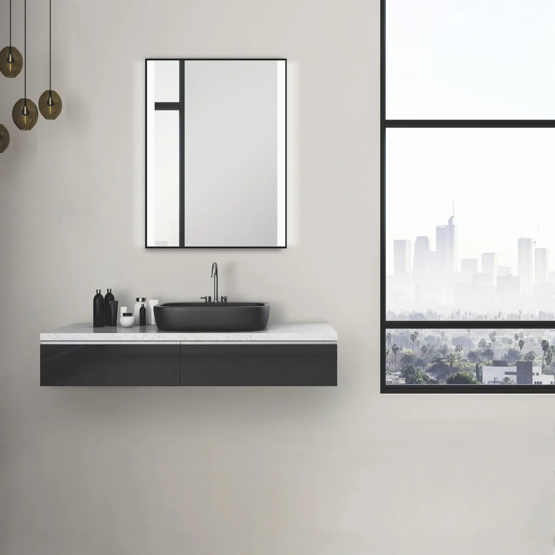 Badezimmerspiegel mit Beleuchtung, "Black Shine" - 80 x 60 cm - horizontale und vertikale Aufhängung - 6