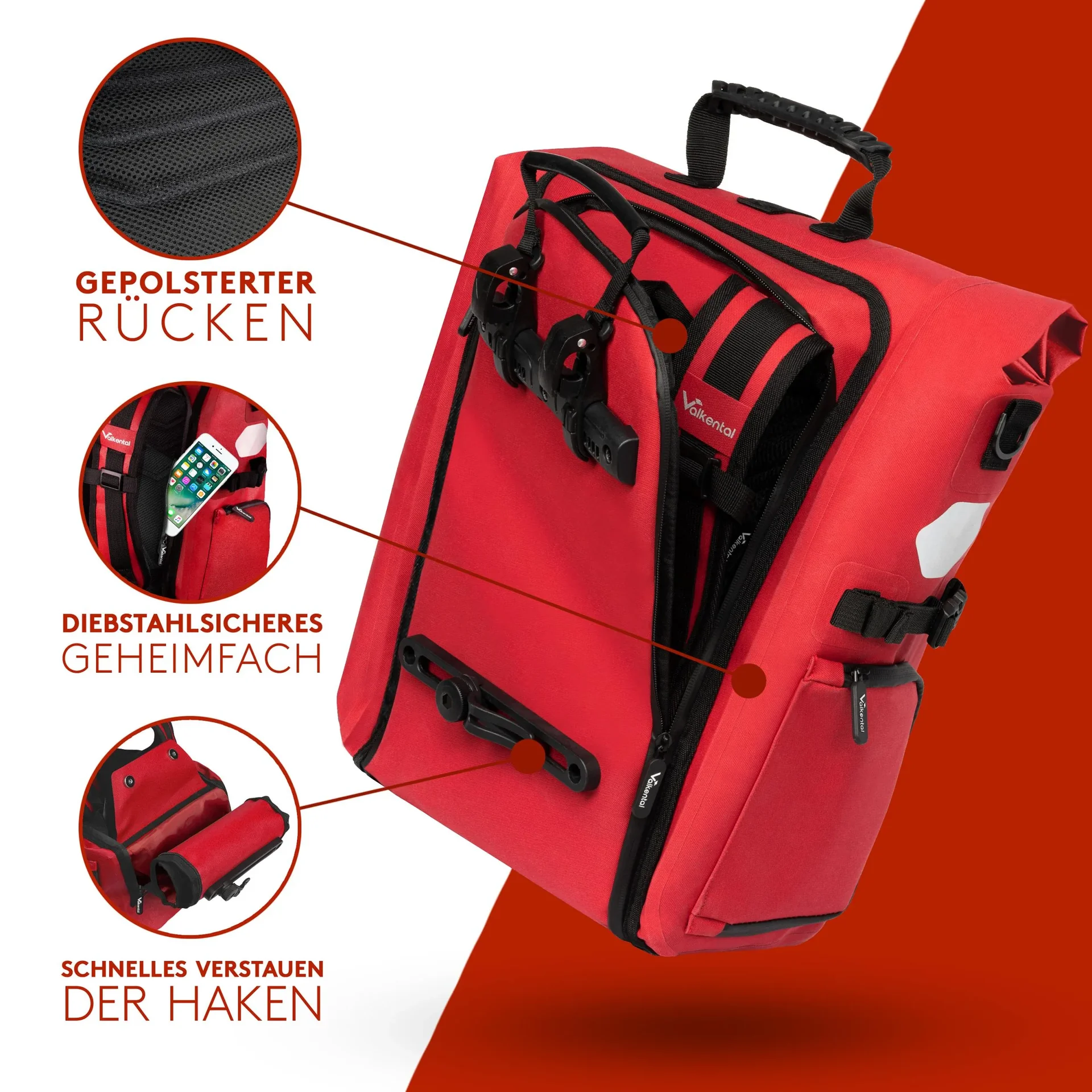 ValkPro 3 in 1 Fahrradtasche, Rot - 3
