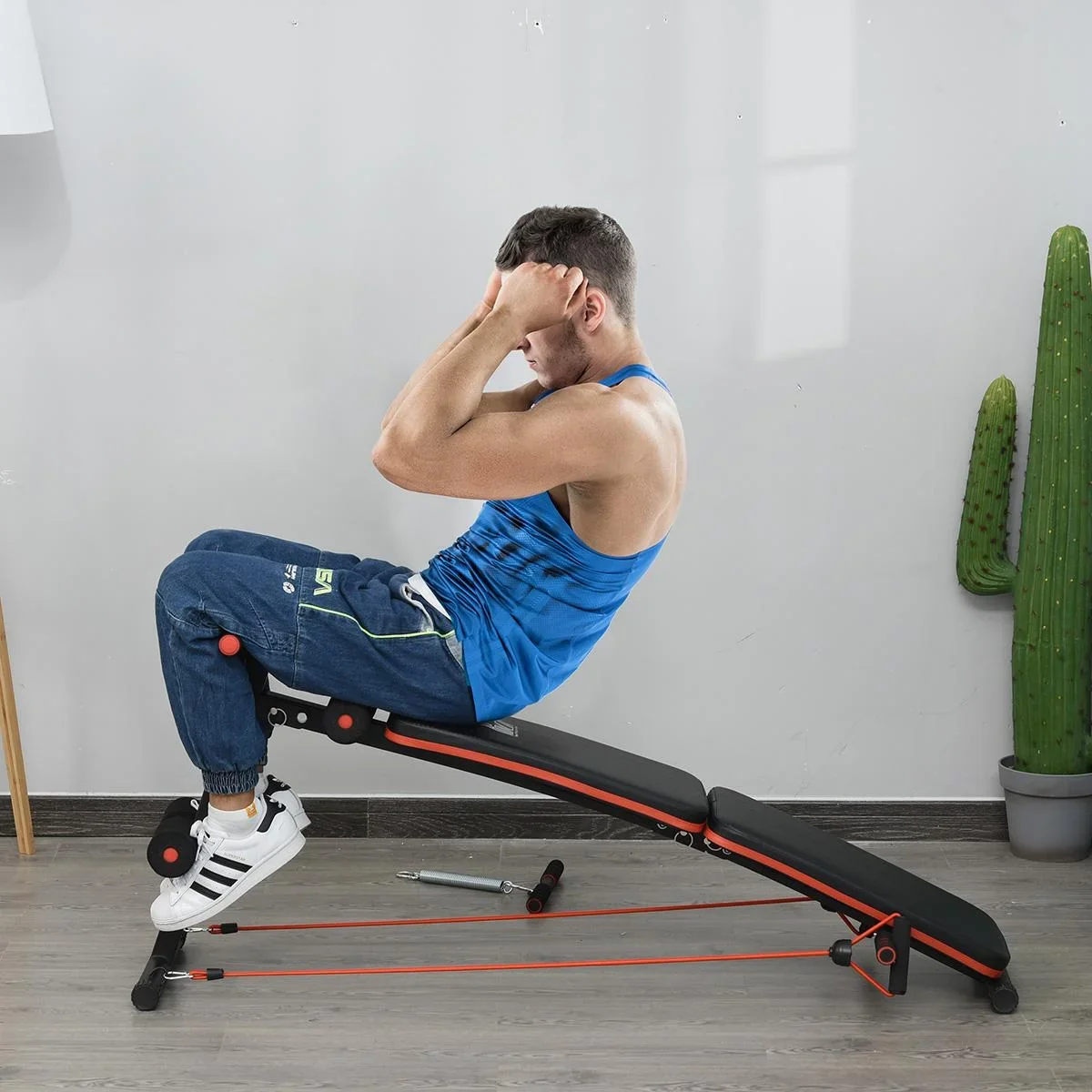 Sit Up Bank Bauchtrainer mit Trainingsseile Trainingsbank Multifunktion Verstellbar&klappbar 110 kg Belastbarkeit Stahl - 0