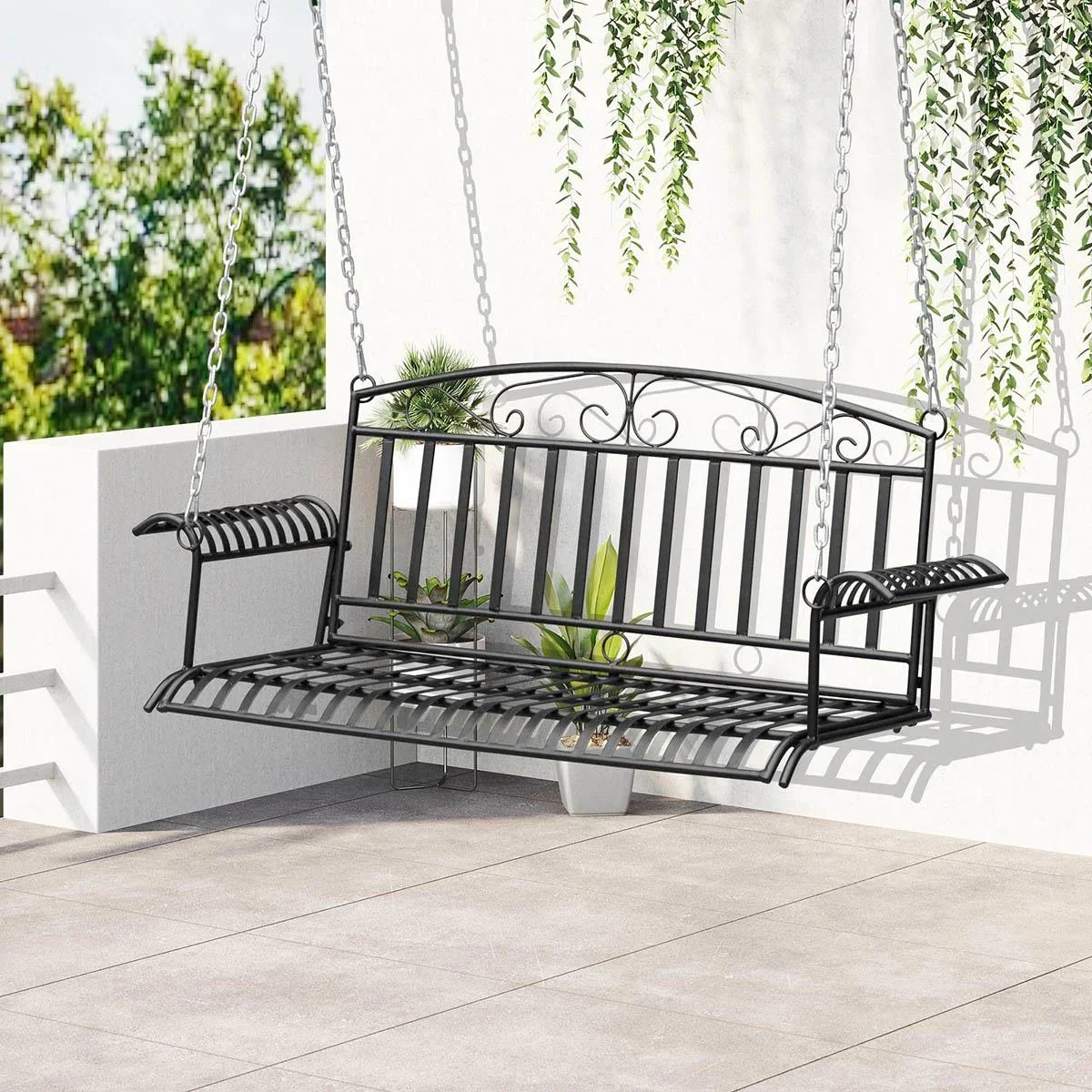Metall-Wandhalterung 2-sitzige Gartenschaukel mit Ketten Schwarz 137 x 58 x 52 cm - 2