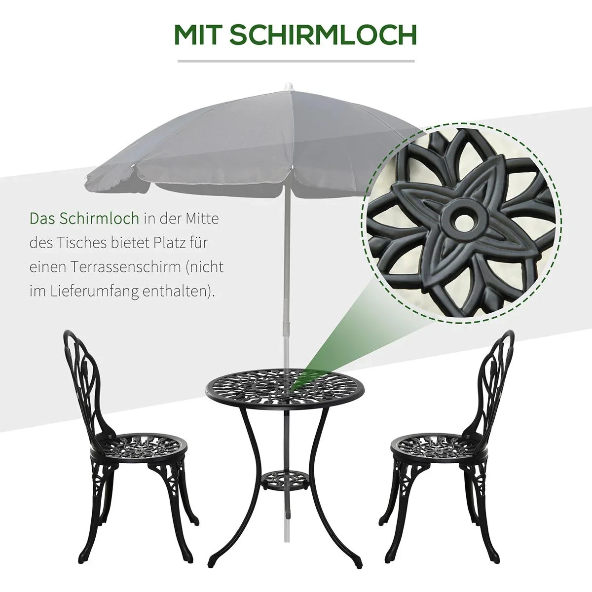 Balkonset 3-teilig mit Schirmloch im Tisch schwarz - 1