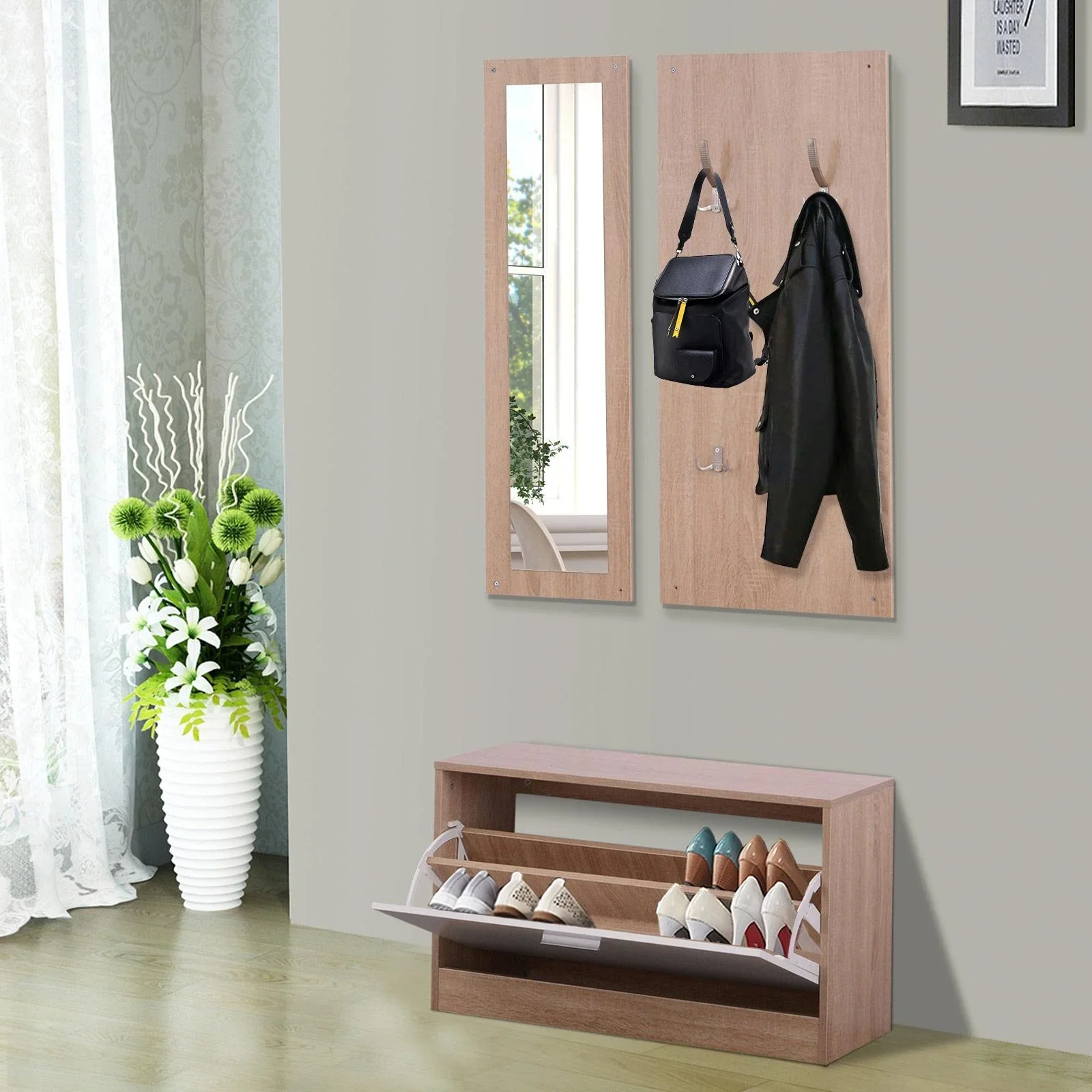 3-teiliges Garderoben-Set Flurgaderobe mit Schuhschrank Garderobe Wandspiegel 4 Haken Natur 30 x 100 cm - 3