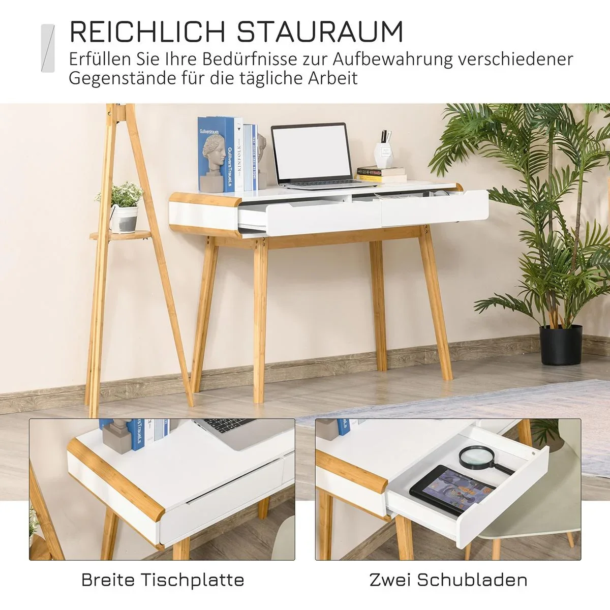 Schreibtisch mit Schubladen Weiß+Natur - 2