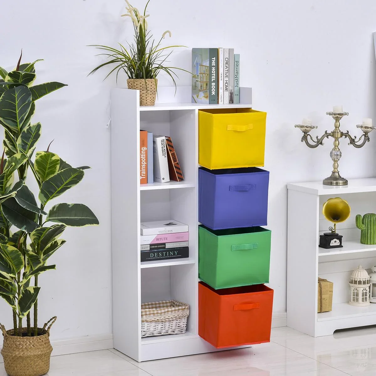 Bücherregal mit 3 Stoffboxen, Mehrzweckschrank, Spanplatte, Vliesstoff, 62,5 x 30 x 128 cm - 4