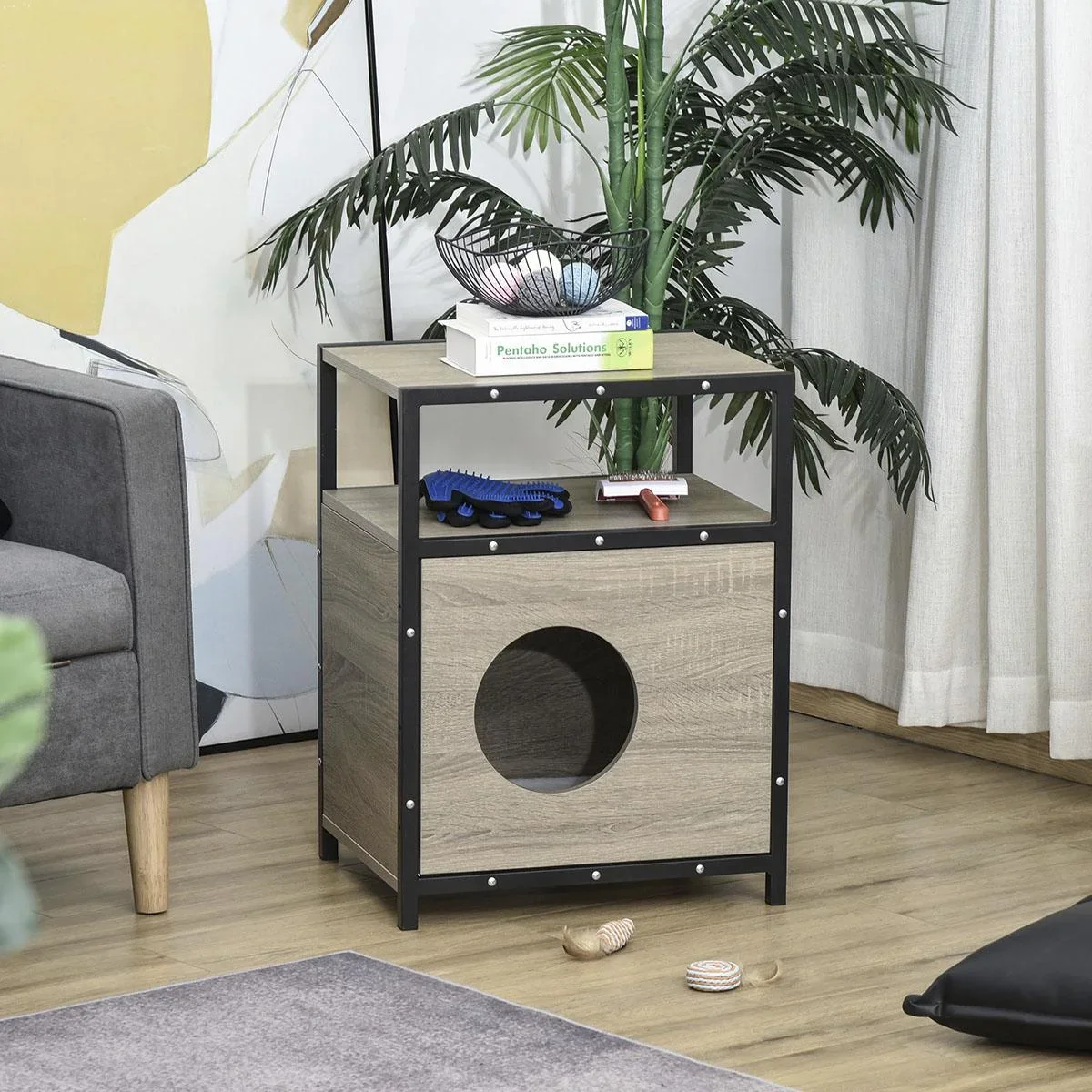 Katzenhaus mit Tür Katze Schrank Katzenhöhle Katzentoilette Beistelltisch waschbare Kissen Grau Spanplatte Metall Plüsch - 0