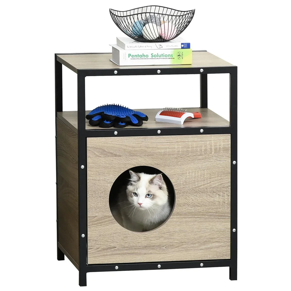 Katzenhaus mit Tür Katze Schrank Katzenhöhle Katzentoilette Beistelltisch waschbare Kissen Grau Spanplatte Metall Plüsch - 1