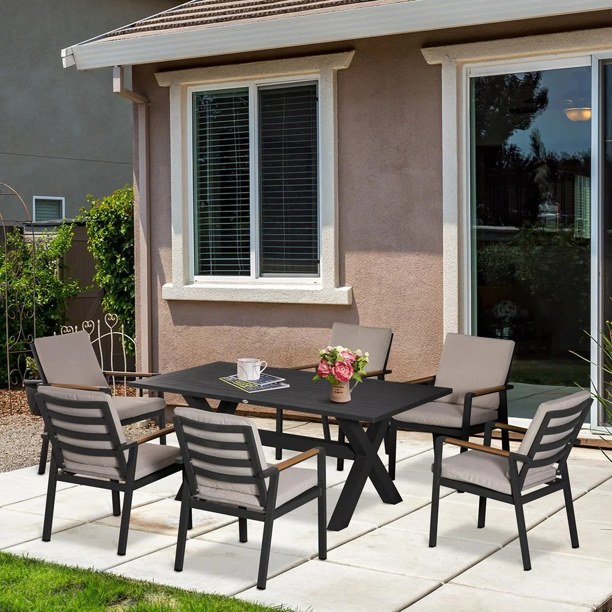 Garten-Set mit 6 Stühlen und 1 Tisch, Aluminium+Kunststoff, grau - 1