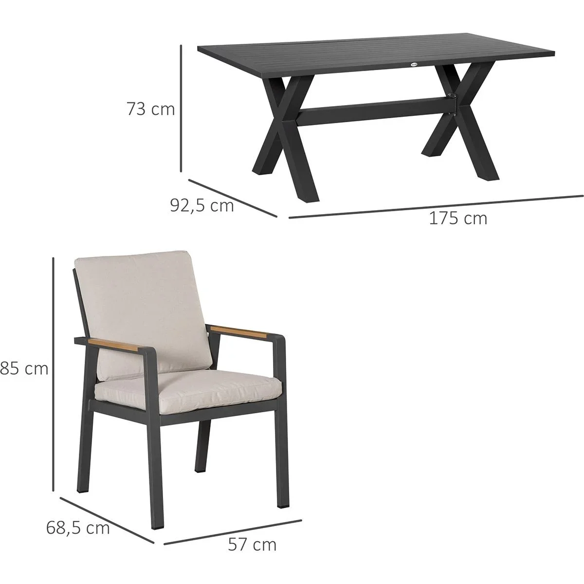 Garten-Set mit 6 Stühlen und 1 Tisch, Aluminium+Kunststoff, grau - 3