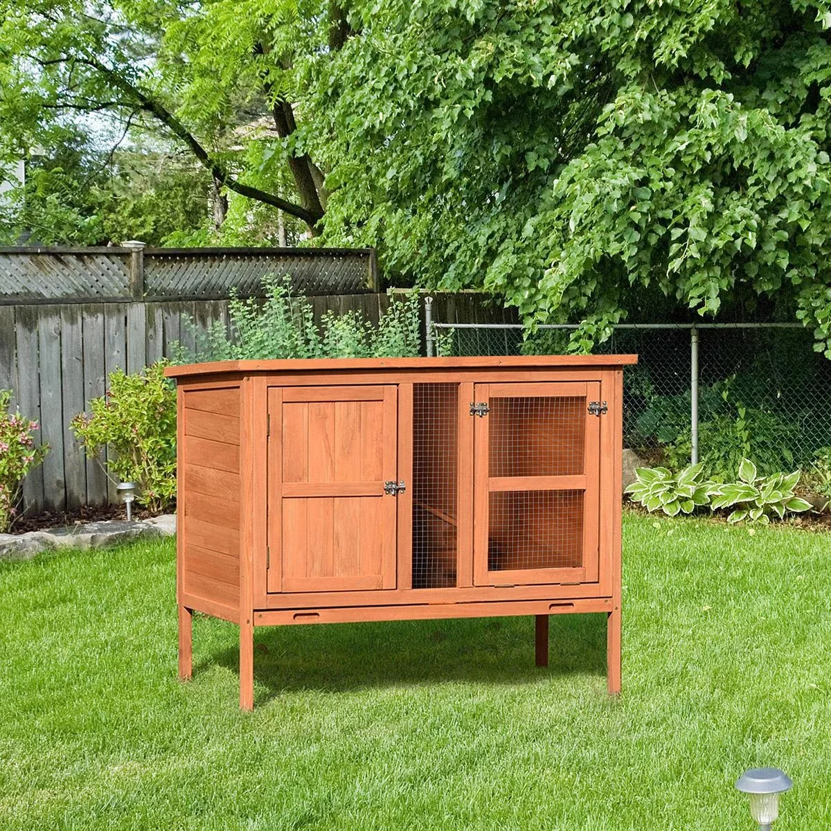 Holz Kaninchenstall Hasenstall Doppelstöckiger Hasenkäfig mit Asphaltdach Rampe Massivholz Natur 102 x 56 x 85 cm - 0