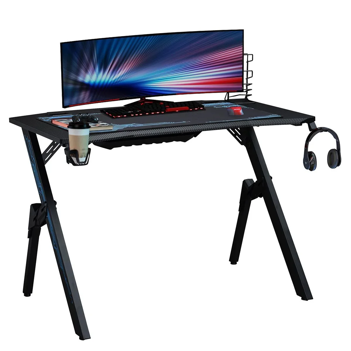 Gaming Tisch Schreibtisch mit Kopfhörerhaken Getränkehalterung R-förmiger Computertisch MDF Metall Schwarz+Blau 110 x 59 - 1