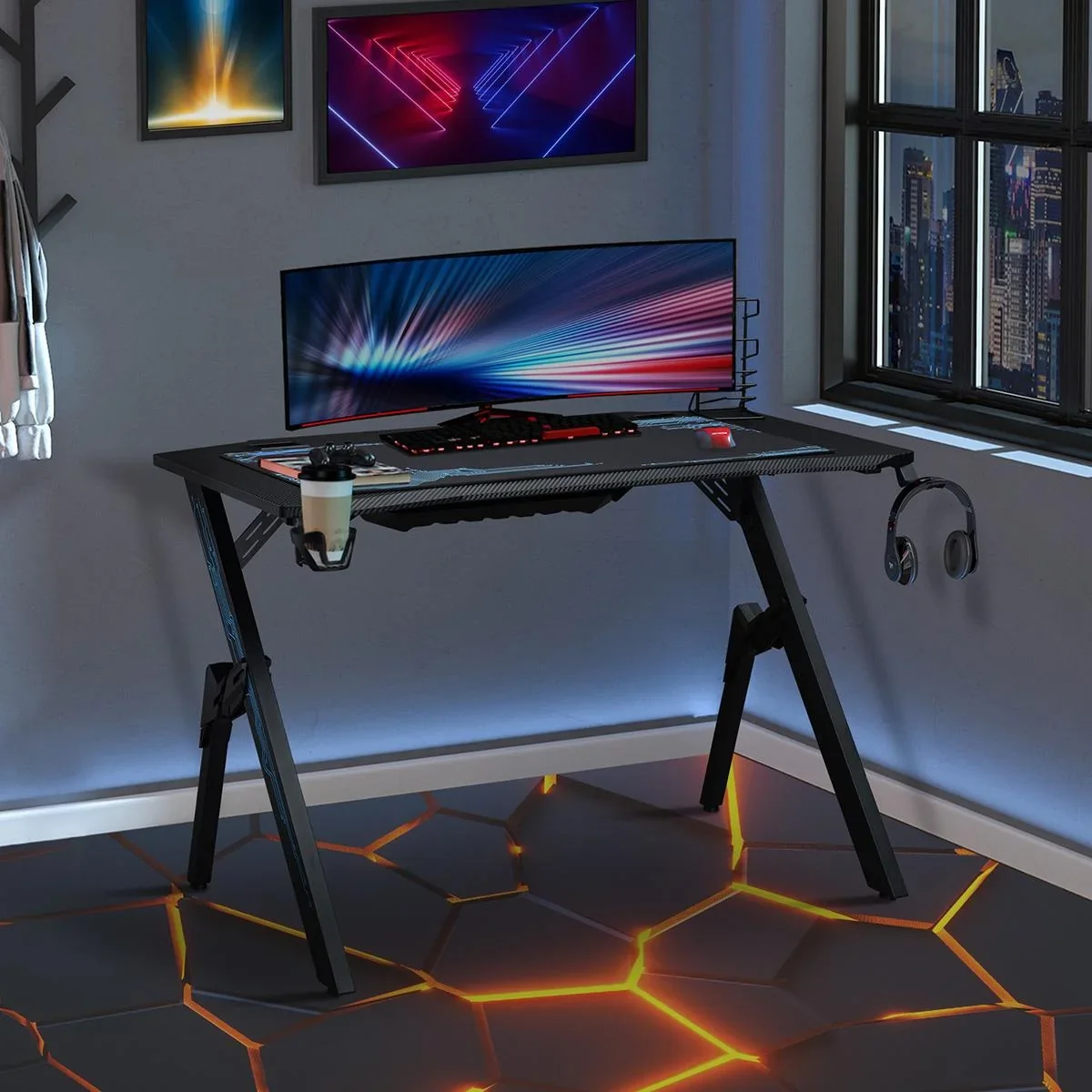 Gaming Tisch Schreibtisch mit Kopfhörerhaken Getränkehalterung R-förmiger Computertisch MDF Metall Schwarz+Blau 110 x 59 - 2