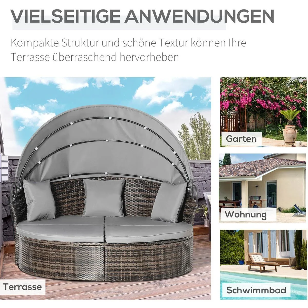 Polyrattan Sonneninsel mit faltbarem Sonnendach Lounge Sonnenliege Gartenliege Garnitur Gartenset Grau 171 x 180 x 155 c - 0
