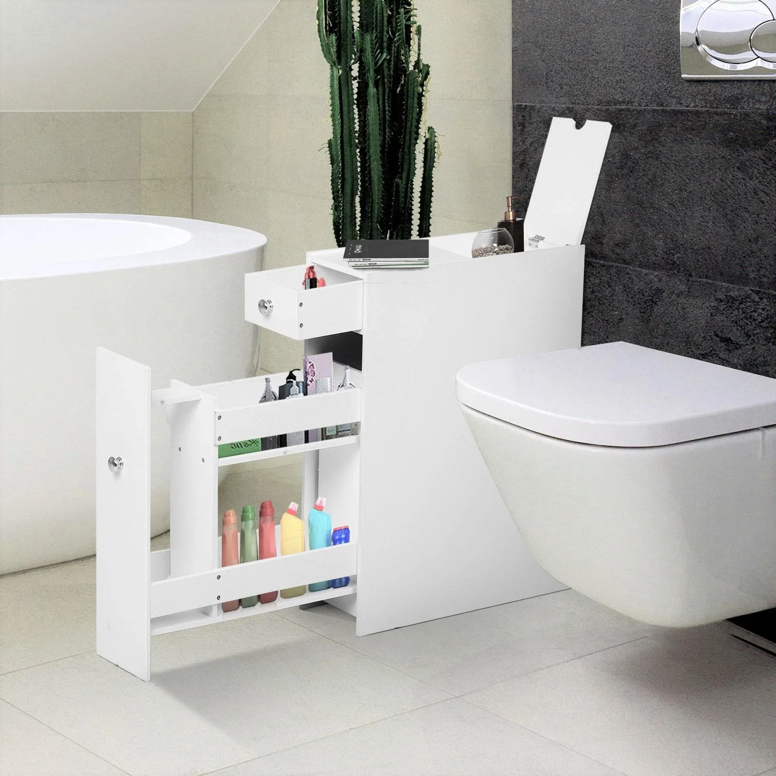 Badmöbel Badezimmerschrank Badschrank mit 2 Schubladen und 1 Ablagefach Holz Weiß 48 x 17 x 58 cm - 2