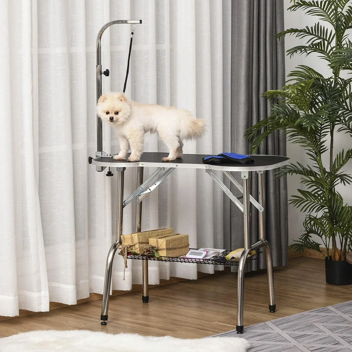 Trimmtisch klappbar Tierpflegetisch mit Unterkorb Schertisch Pflegetisch für Hunde Katzen Edelstahl Gummi Schwarz 94,5 x - 1