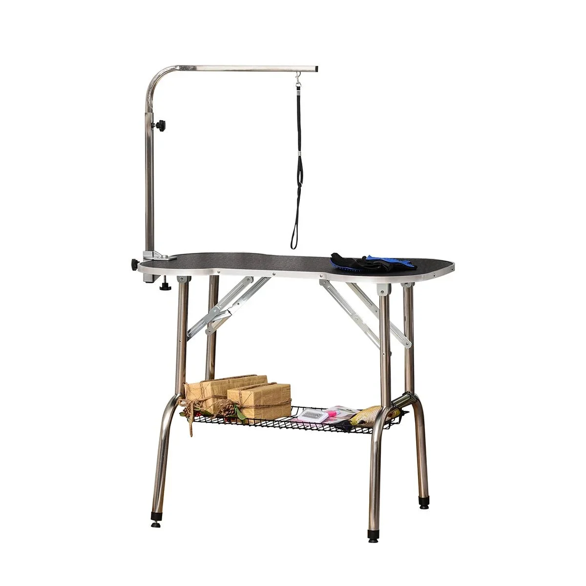 Trimmtisch klappbar Tierpflegetisch mit Unterkorb Schertisch Pflegetisch für Hunde Katzen Edelstahl Gummi Schwarz 94,5 x - 2