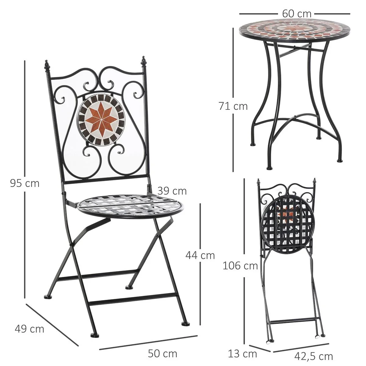 Garten Sitzgruppe 3-teilige Mosaiktisch Essgruppe Gartenmöbel-Set 1 Tisch+2 faltbare Stühle Terrasse Metall Mehrfarbing - 0