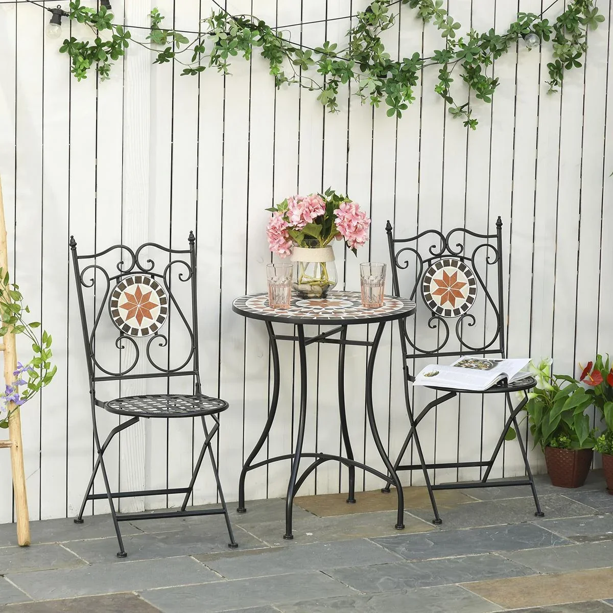 Garten Sitzgruppe 3-teilige Mosaiktisch Essgruppe Gartenmöbel-Set 1 Tisch+2 faltbare Stühle Terrasse Metall Mehrfarbing - 2