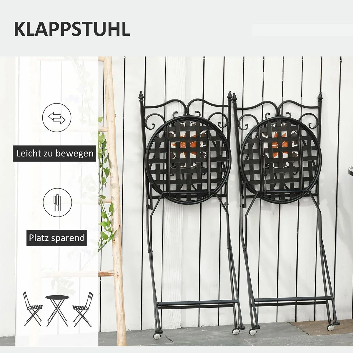 Garten Sitzgruppe 3-teilige Mosaiktisch Essgruppe Gartenmöbel-Set 1 Tisch+2 faltbare Stühle Terrasse Metall Mehrfarbing - 3