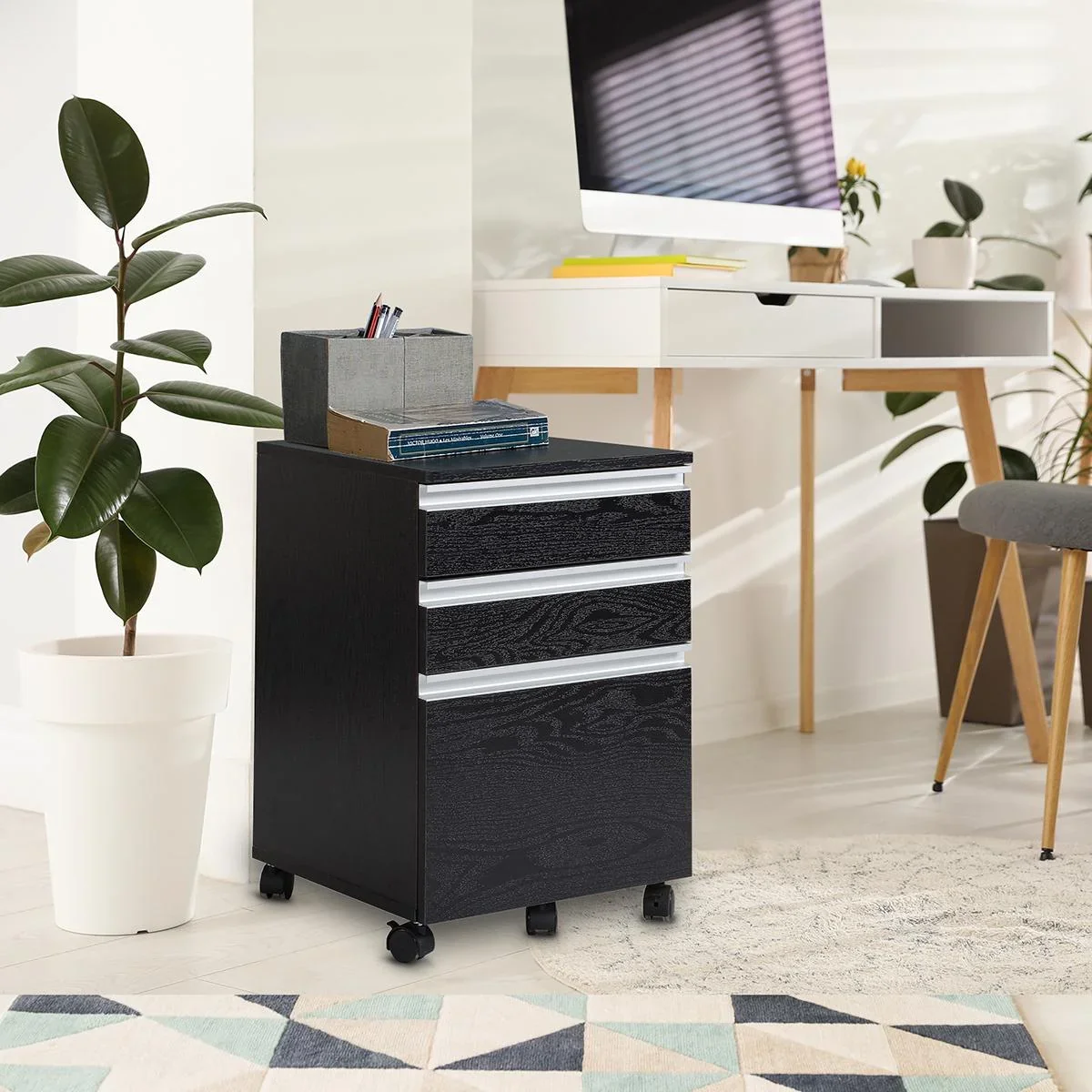 Rollcontainer Aktenschrank Büroschrank mit Schublade Lagerschrank Aufbewahrung Container Spanplatte Schwarz 39x 39 x59,2 - 2