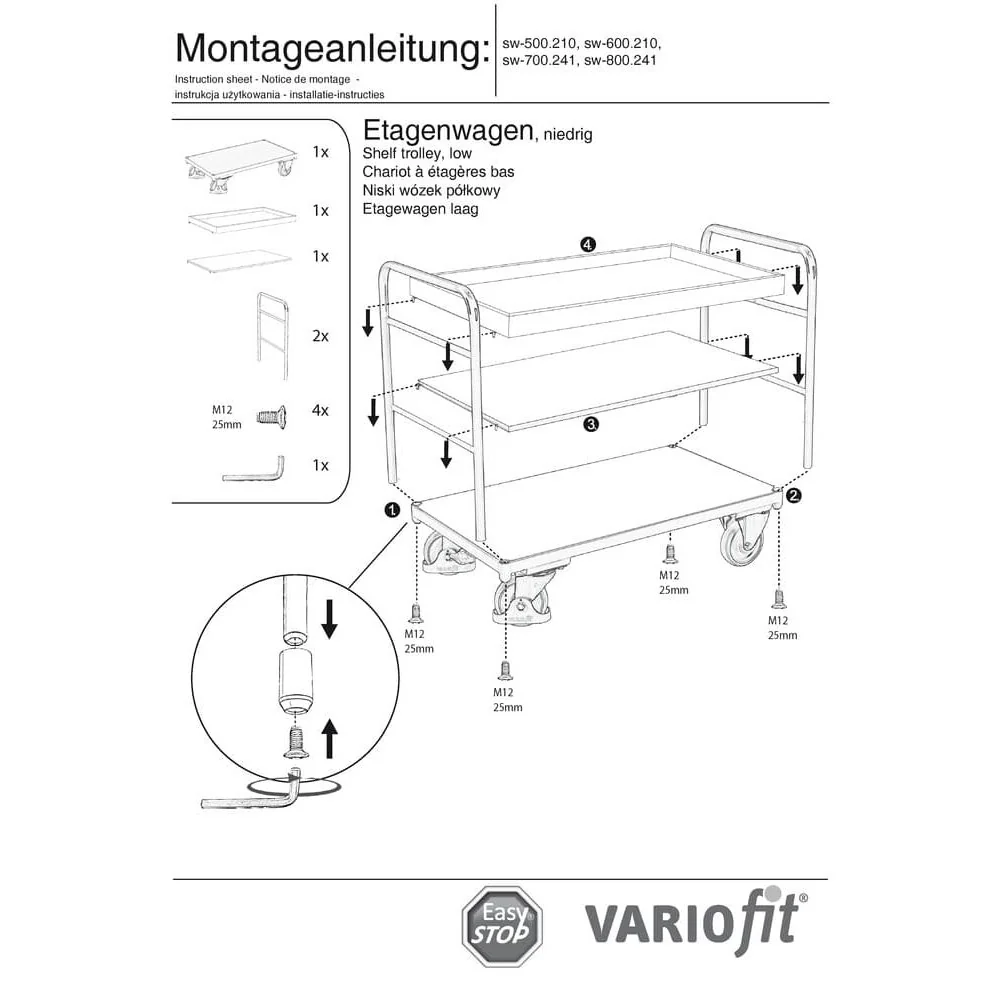 Etagenwagen mit 1 Tablett und 2 Böden 250 kg Typ M + EasySTOP-1