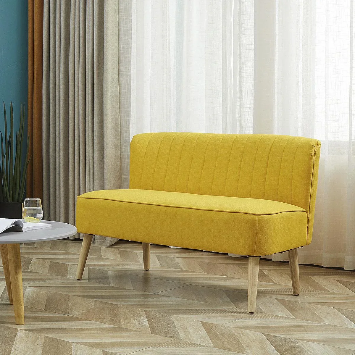 2-Sitzer Stoffsofa Polstersofa Sitzmöbel Loungesofa Holz Schaumstoff Gelb 117 x 56,5 x 77 cm - 0