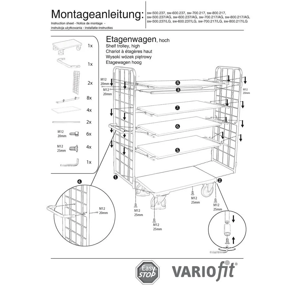 Paketwagen hoch mit 2 Gitterwänden + 5 Böden 500 kg Traglast Typ M + EasySTOP-0