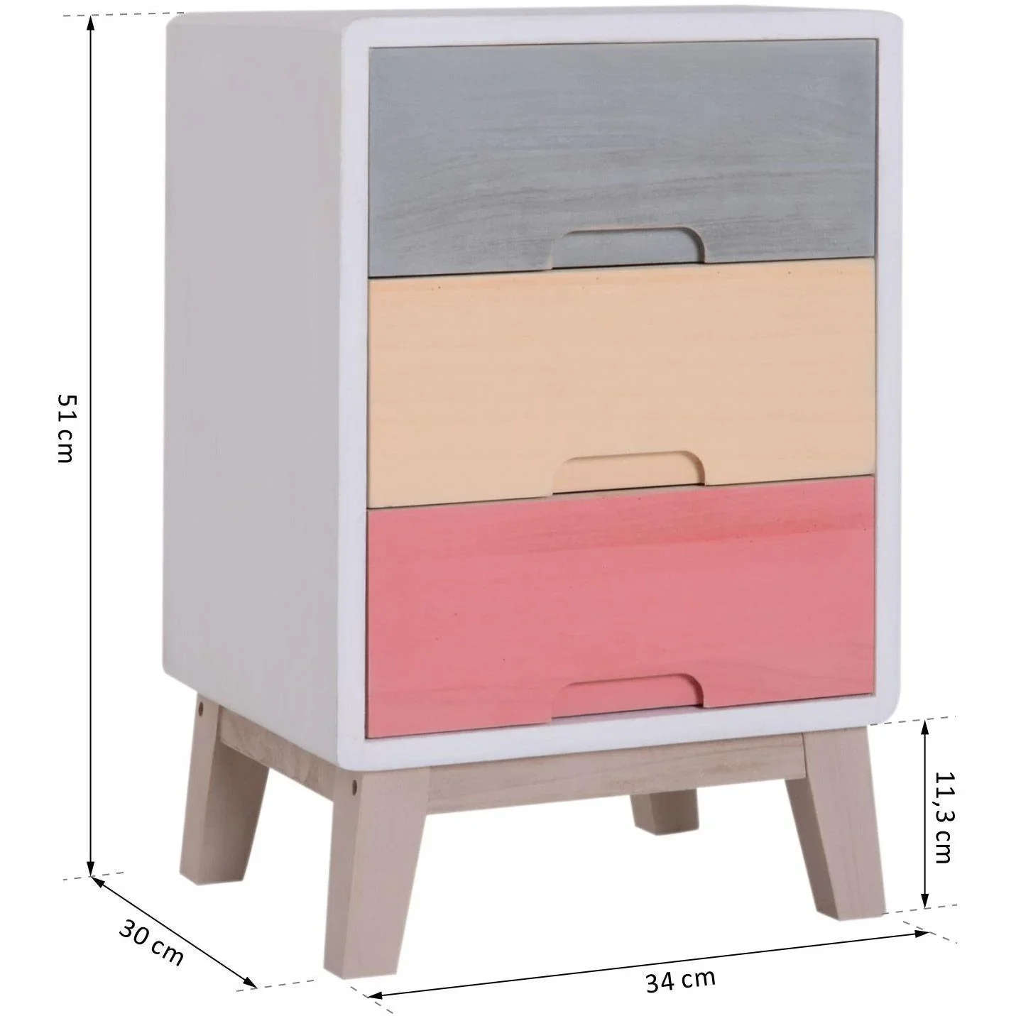 Nachttisch Nachtkommode Flurkommode mit 3 Schubladen Paulownienholz bunt 30 x 34 x 51 cm - 5