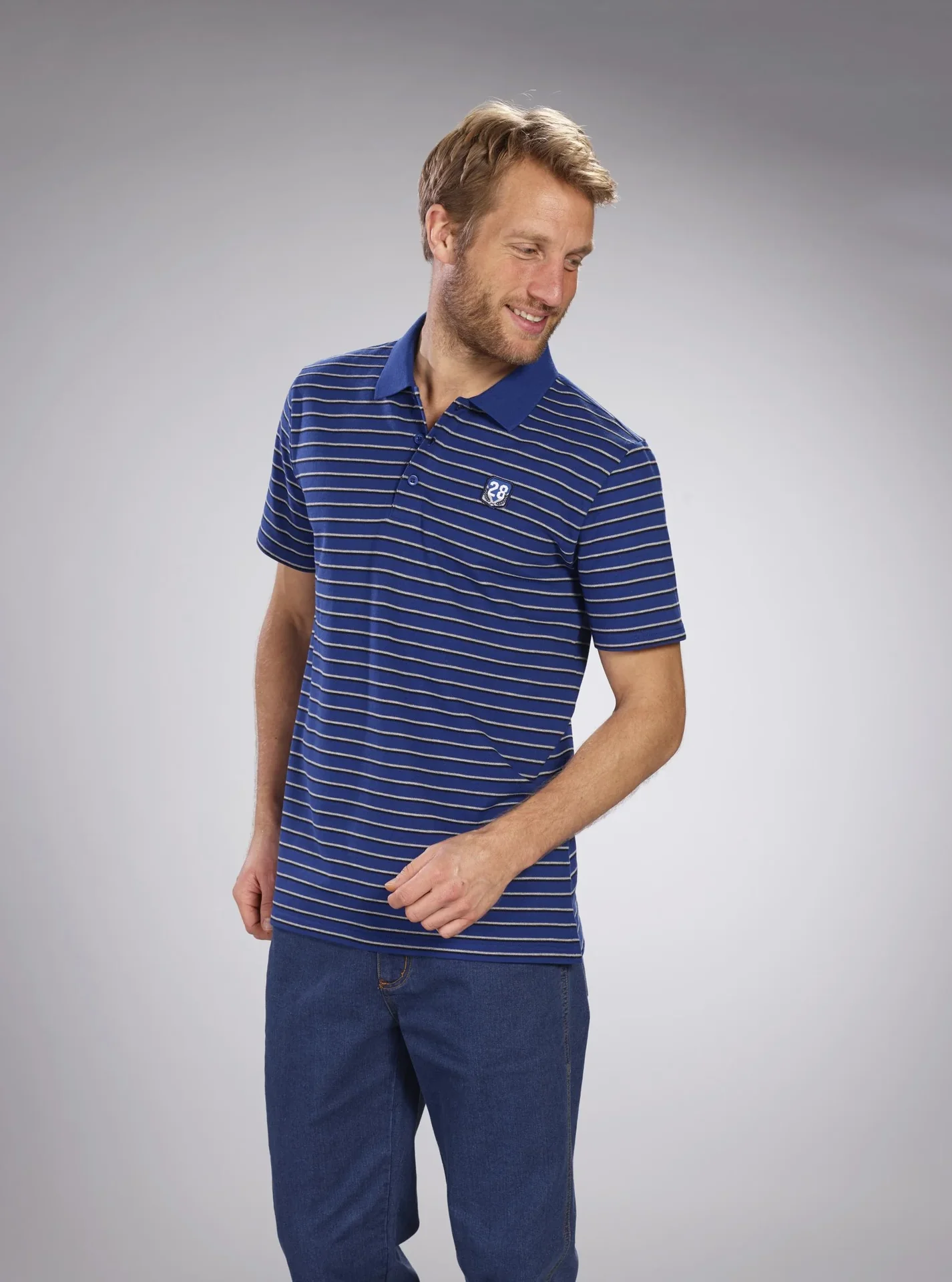 Poloshirt geknöpft, royalblau-gestreift, Gr.M - 1