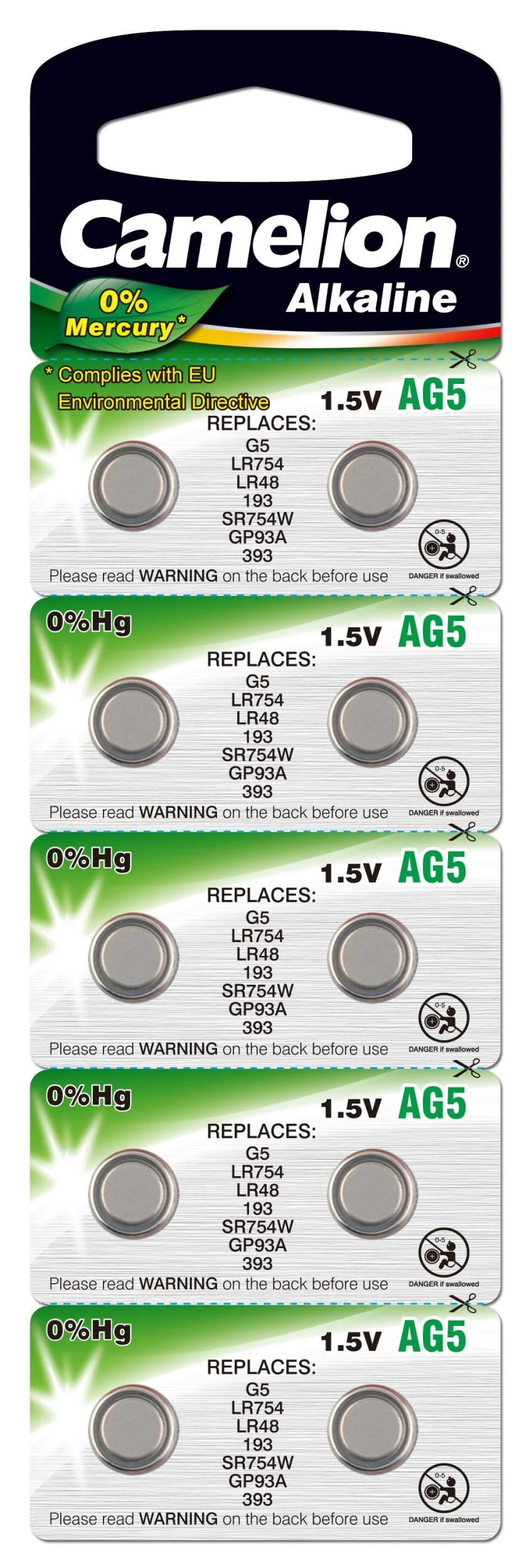 Alkaline Knopfzelle AG5/LR48, 1,5Volt, 0%HG - 10 Stück - 1