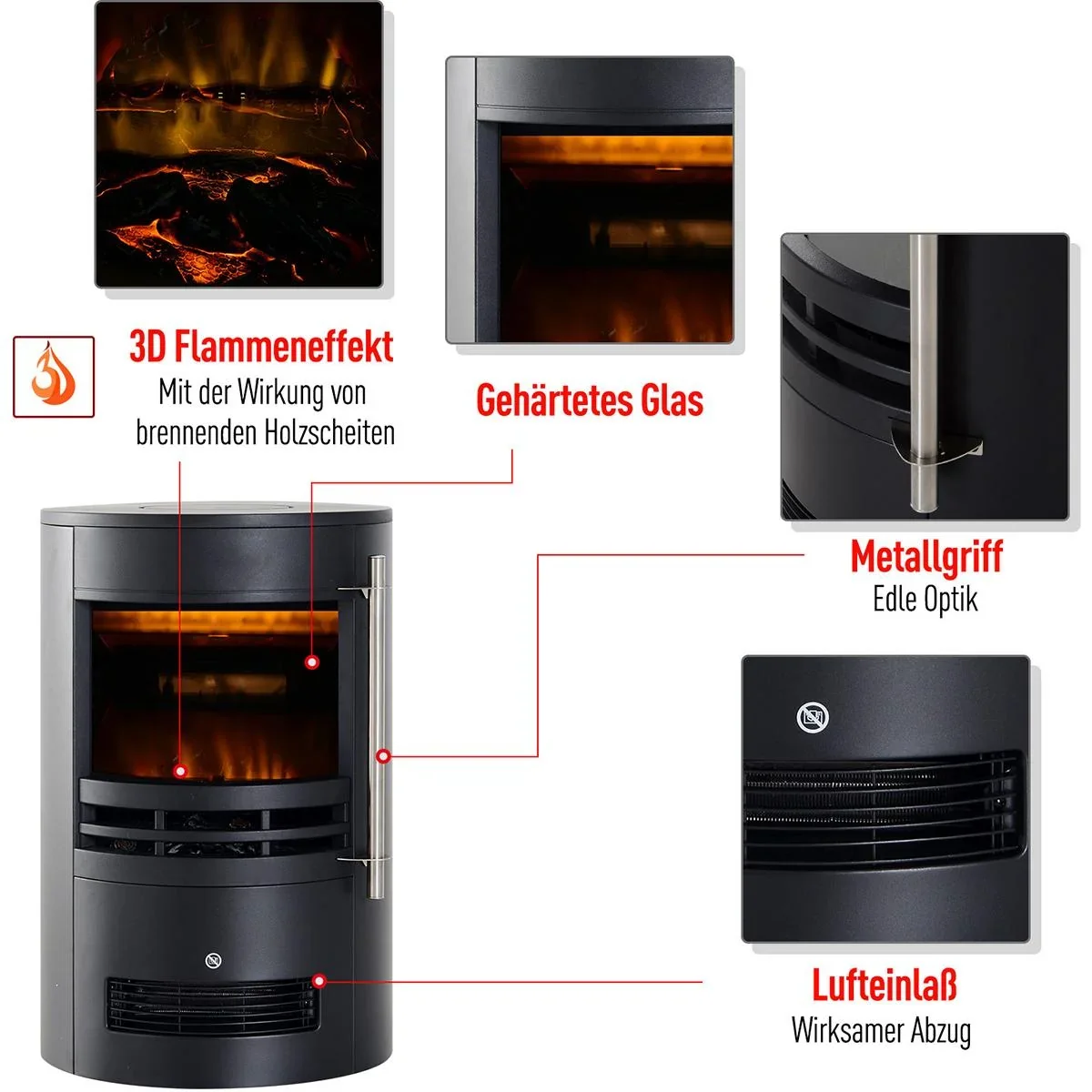 Kaminofen mit Flammeneffekt schwarz - 6