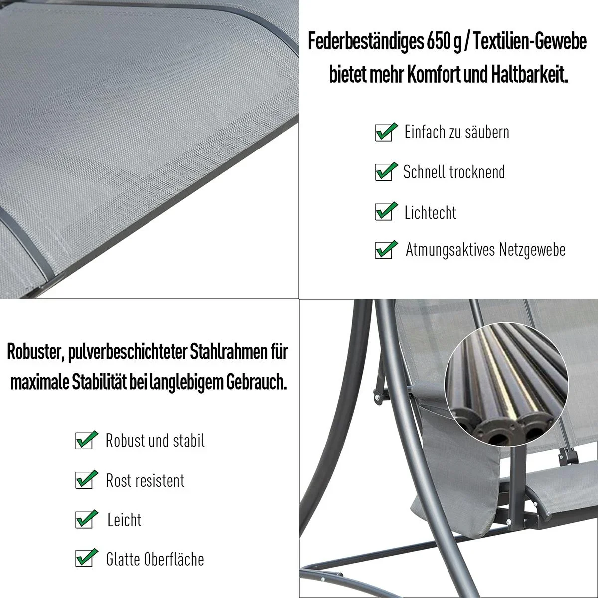 3-Sitzer Hollywoodschaukel, Gartenschaukel mit Sonnendach, Schaukelbank mit Ablage, Aluminium, Grau, 196 x 128 x 172 cm - 0