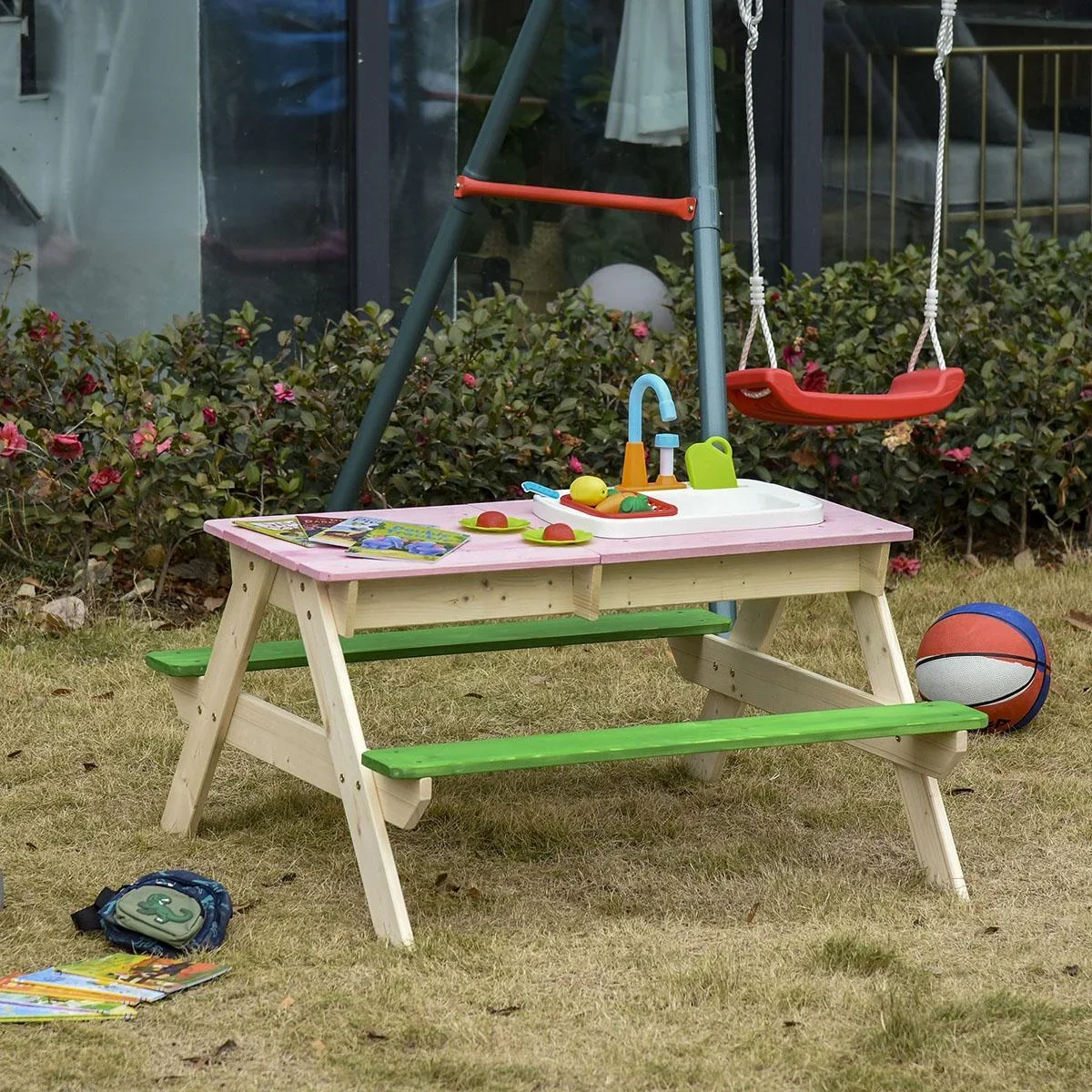2-in-1 Kinder Campingtisch mit 2 Sitzbänke Matschküche Spieltisch mit Wasserhahn Holz Spieltisch für Kinder 3-7 Jahren F - 0