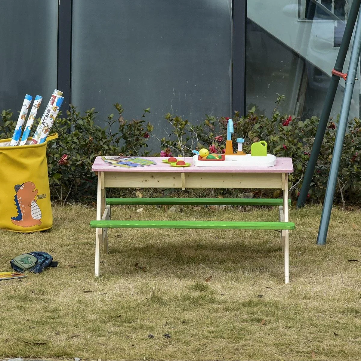 2-in-1 Kinder Campingtisch mit 2 Sitzbänke Matschküche Spieltisch mit Wasserhahn Holz Spieltisch für Kinder 3-7 Jahren F - 1