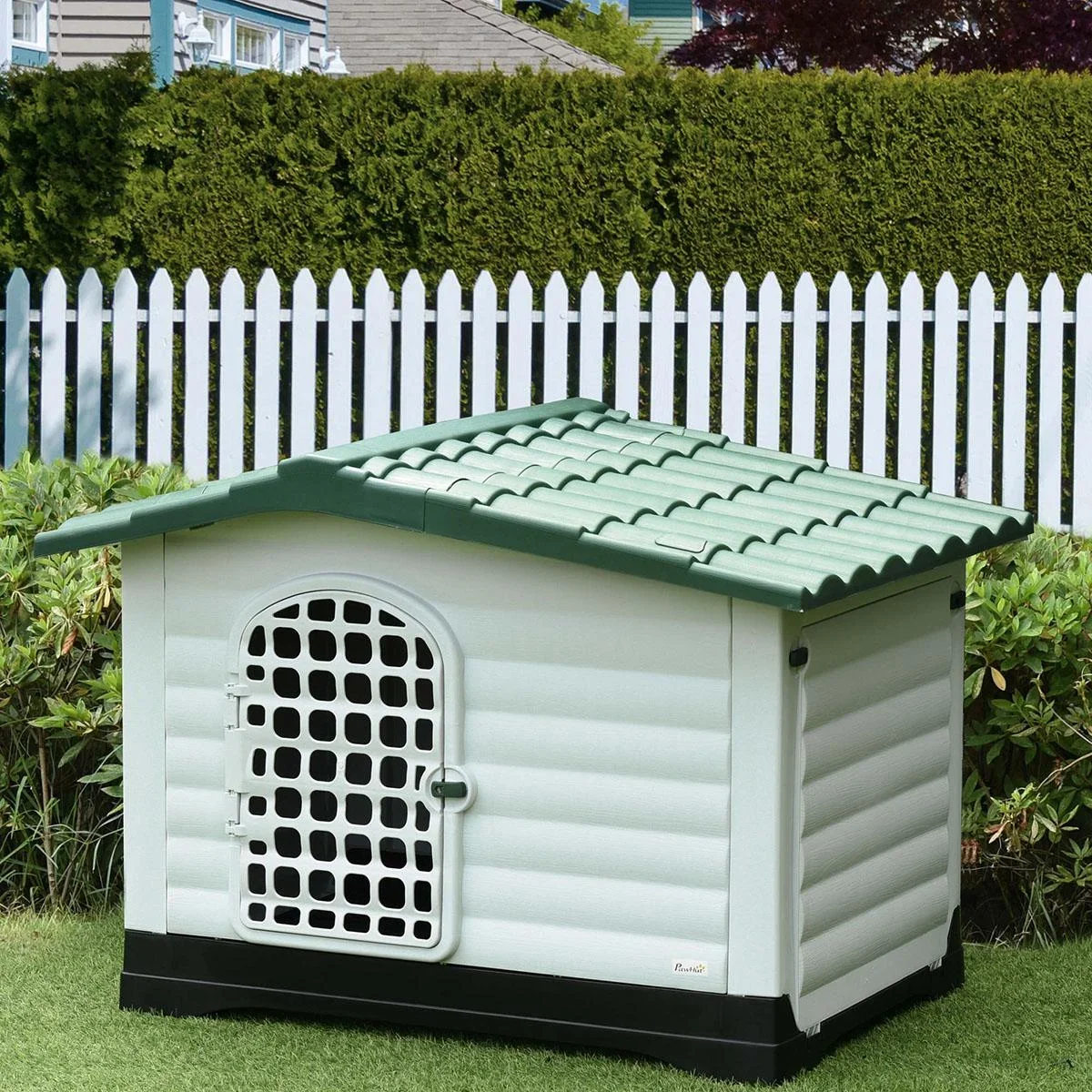 Outdoor Hundehütte Hundehaus Haustierzubehör Hundezubehör Tierbedarf mit Dachluke Tor Unterschlupf für mittelgroße Hunde - 2