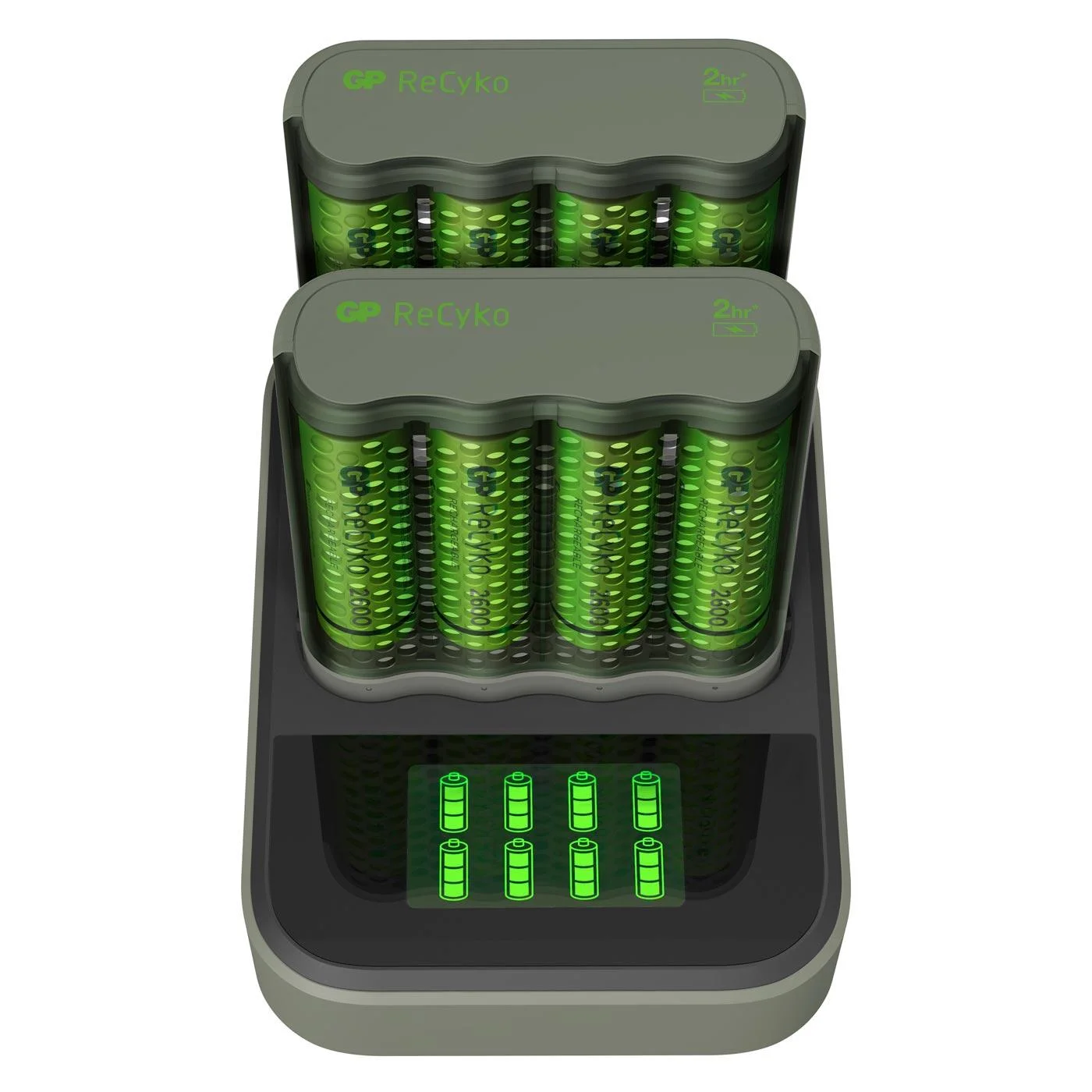 USB Schnellladegerät mit Docking Station, LCD Ladestandsdisplay für 4 AA / AAA NiMH Akkus inklusive 8 ReCyko (AA) 2600mA - 1