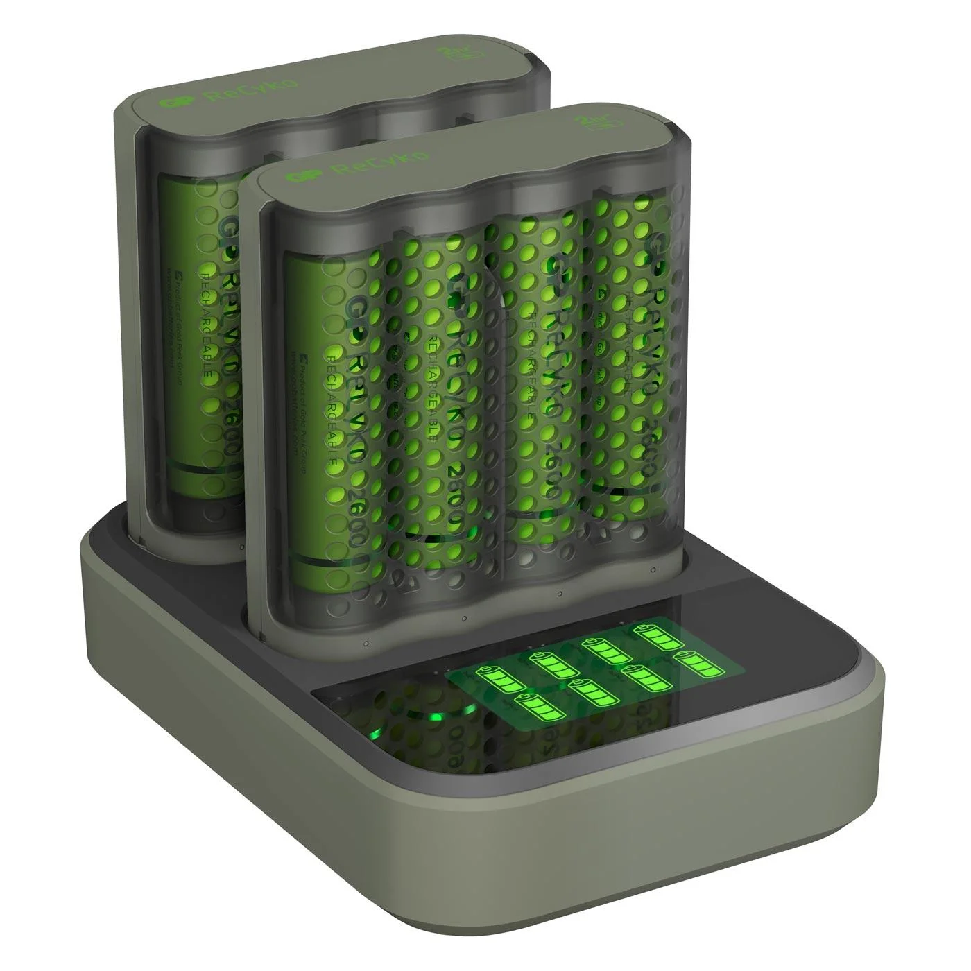 USB Schnellladegerät mit Docking Station, LCD Ladestandsdisplay für 4 AA / AAA NiMH Akkus inklusive 8 ReCyko (AA) 2600mA - 3