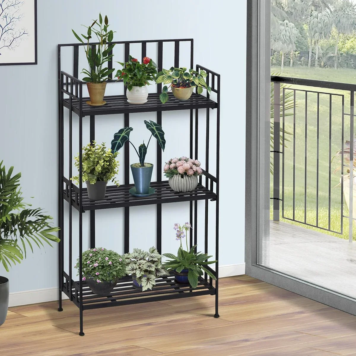 Pflanzregal Pflanzenständer Blumenregal Blumenständer Gartenregal 3 Ebenen faltbar Metall Schwarz 61 x 29,5 x 120 cm mit - 0