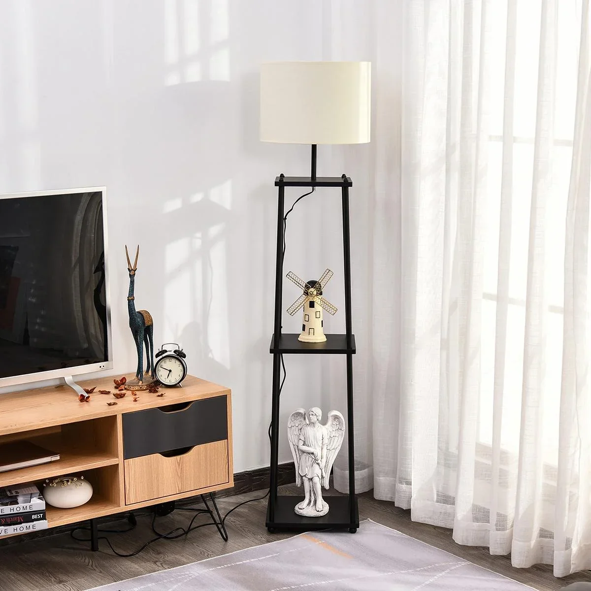 Stehlampe mit Ablagefläche Schwarz+Cremeweiß - 1